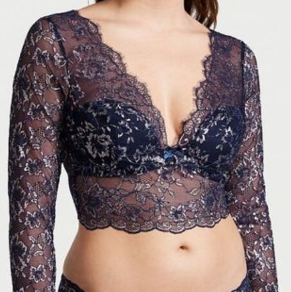 Victoria's Secret Ensign Navy Blue Allure Shimmer Long Sleeve Bra Top - Picture 5 of 12